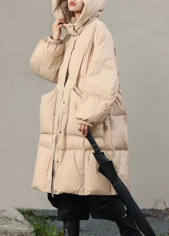 Beige Hooded Pockets Duck Down Winter Coats