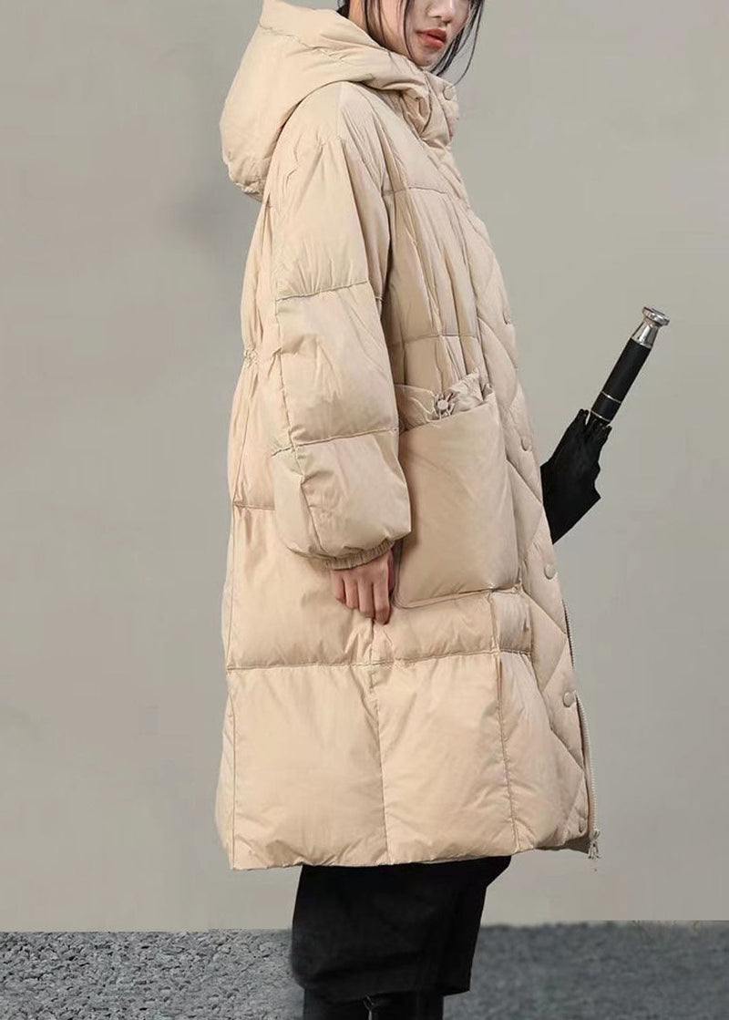 Beige Hooded Pockets Duck Down Winter Coats