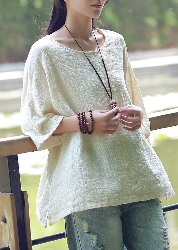 Beige O-neck Cotton Linen Top Half Sleeve