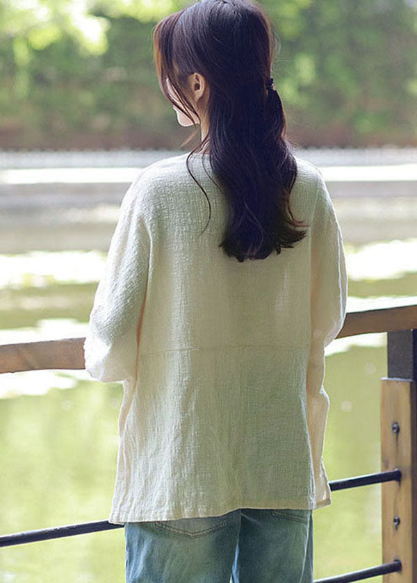 Beige O-neck Cotton Linen Top Half Sleeve