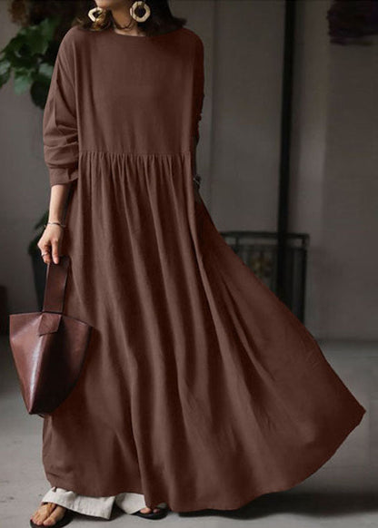 Beige O Neck Wrinkled Patchwork Cotton Maxi Dress Spring