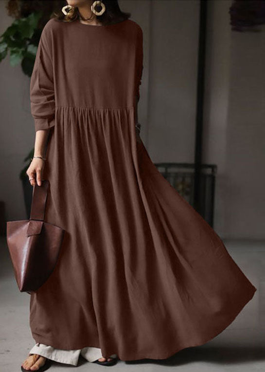 Beige O Neck Wrinkled Patchwork Cotton Maxi Dress Spring