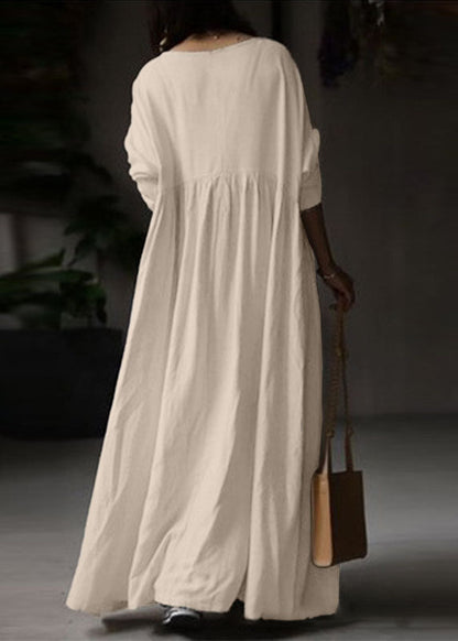 Beige O Neck Wrinkled Patchwork Cotton Maxi Dress Spring