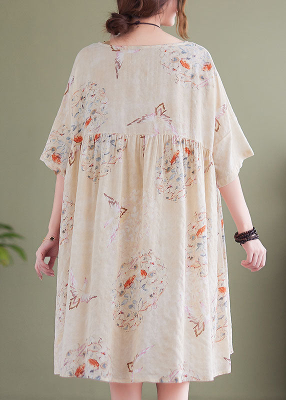 Beige O-neck Wrinkled Print Cotton Mid Dress Short Sleeve