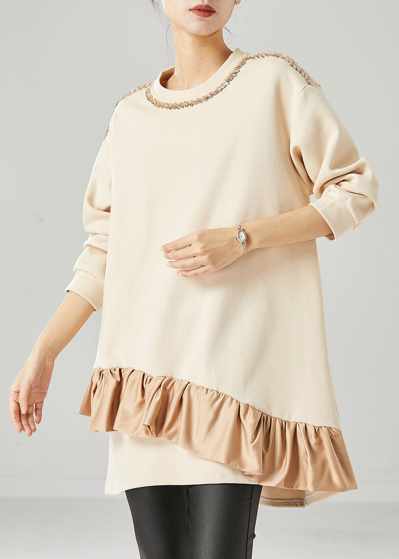 Beige Oversized Patchwork Ruffles Cotton Mid Dress Fall