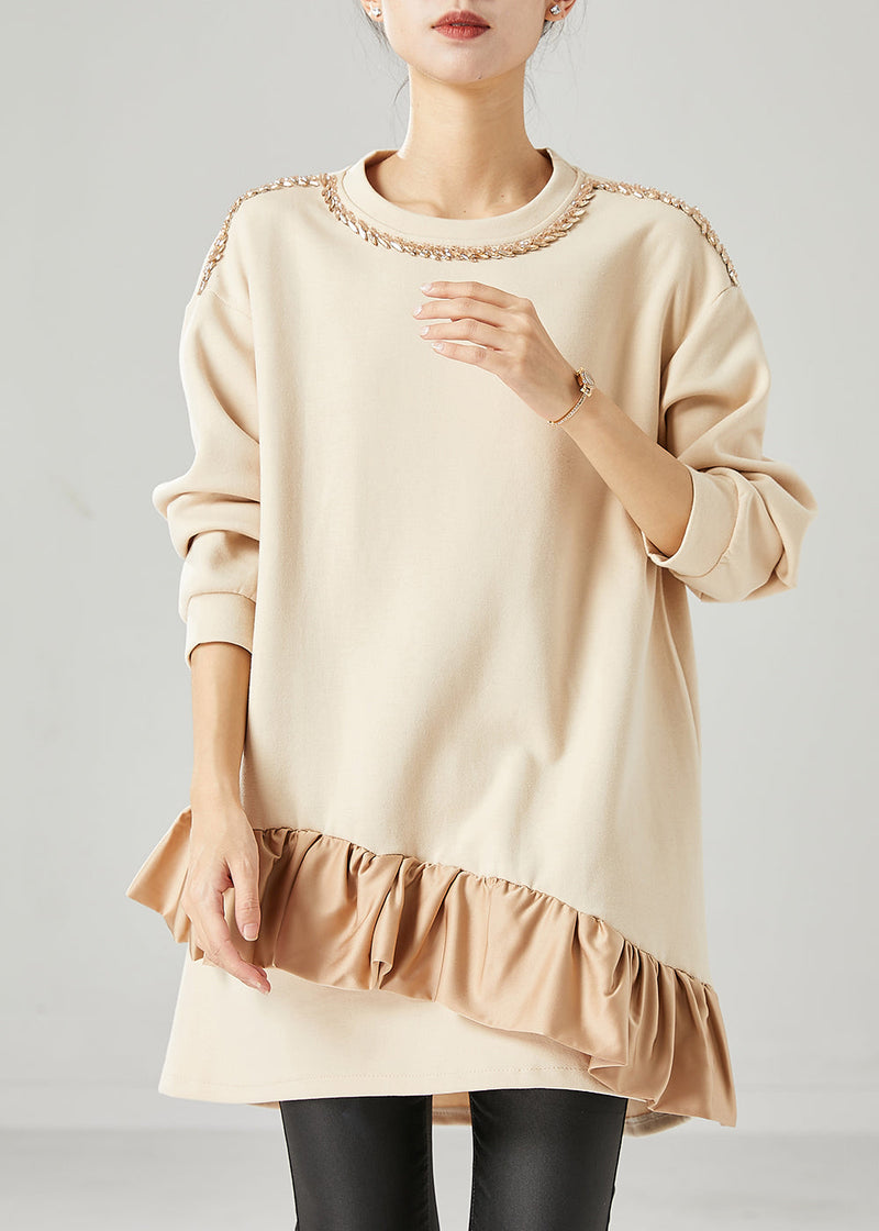 Beige Oversized Patchwork Ruffles Cotton Mid Dress Fall