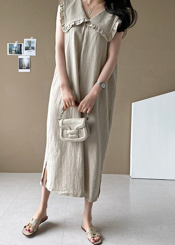 Beige Oversized Ruffled Side Open Linen Maxi Dress Sleeveless