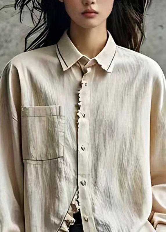 Plus Size Beige Peter Pan Collar Button Shirt Long Sleeve