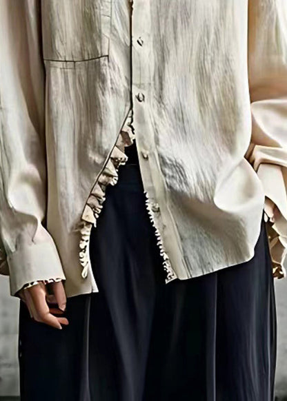 Plus Size Beige Peter Pan Collar Button Shirt Long Sleeve