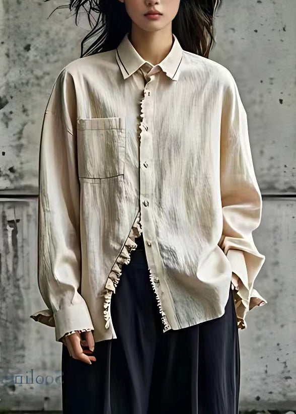 Beige Peter Pan Collar Button Shirt Long Sleeve