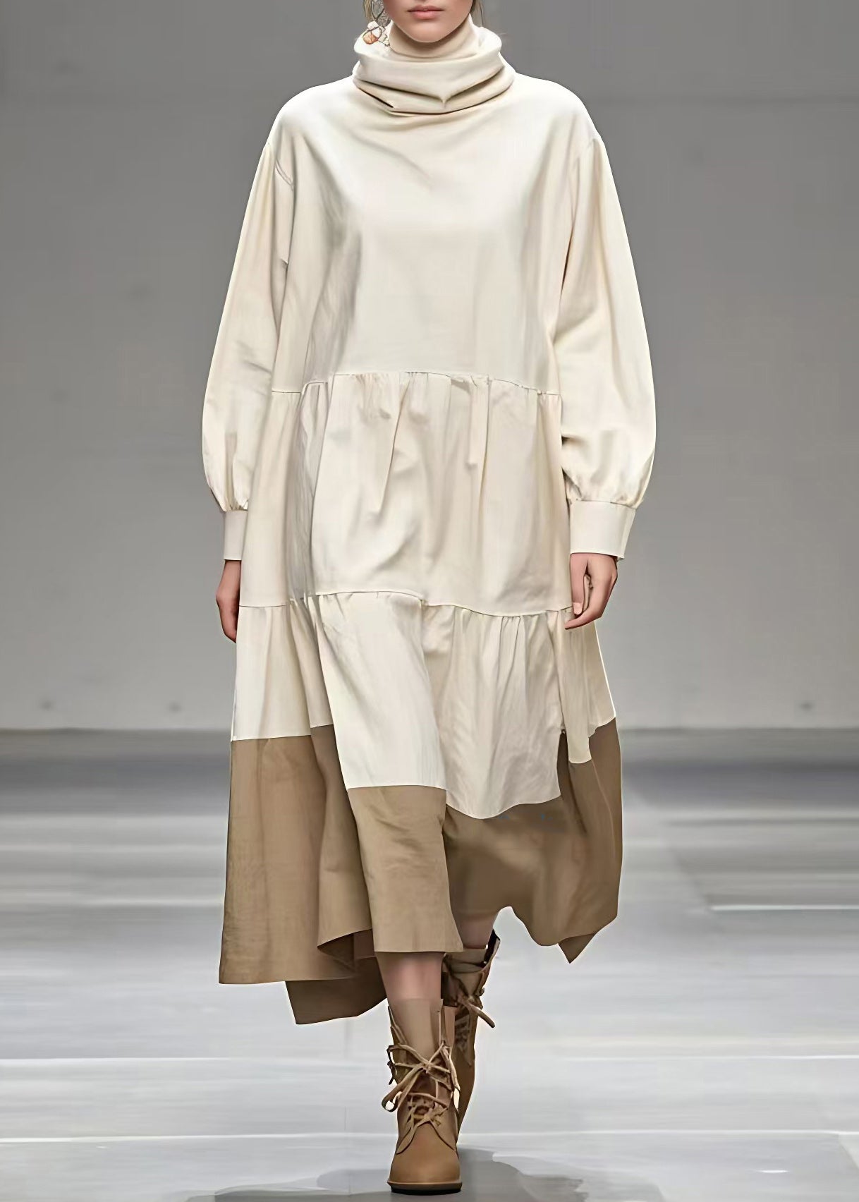 Beige Peter Pan Collar Patchwork Maxi Dress Fall