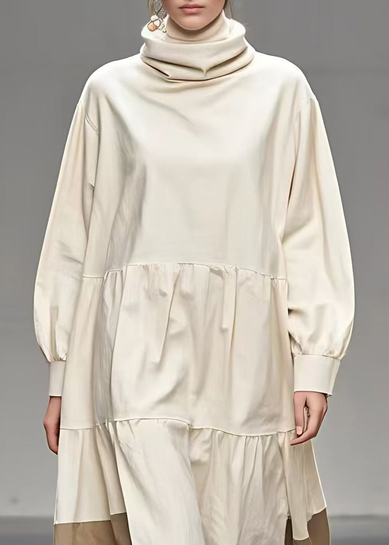 Beige Peter Pan Collar Patchwork Maxi Dress Fall