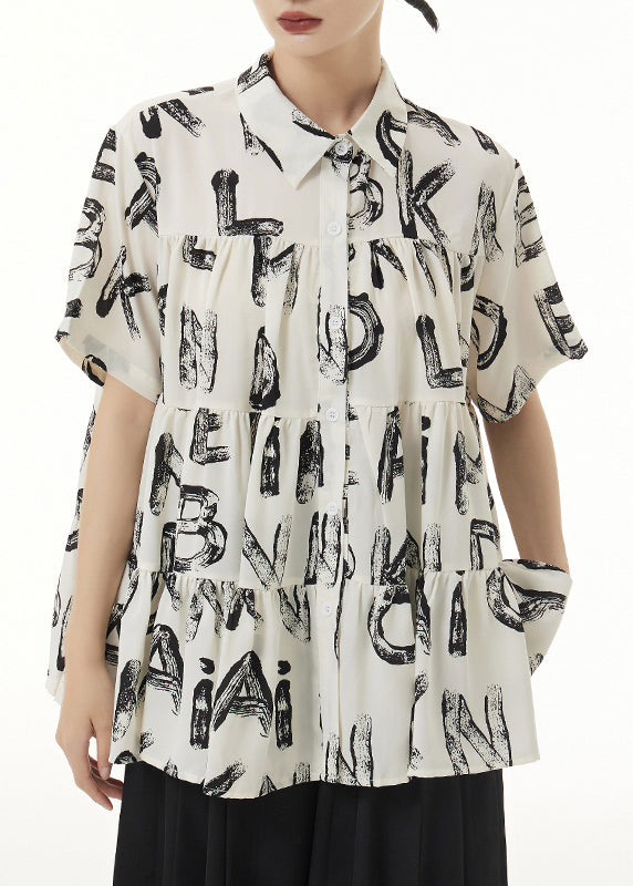 Beige Peter Pan Collar Print Wrinkled Patchwork Silk Shirts Summer