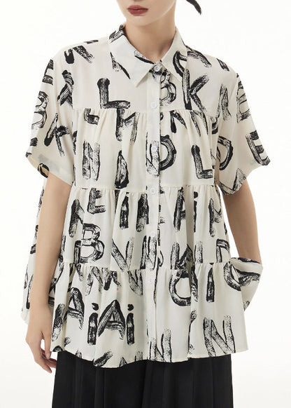 Beige Peter Pan Collar Print Wrinkled Patchwork Silk Shirts Summer