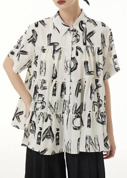Beige Peter Pan Collar Print Wrinkled Patchwork Silk Shirts Summer
