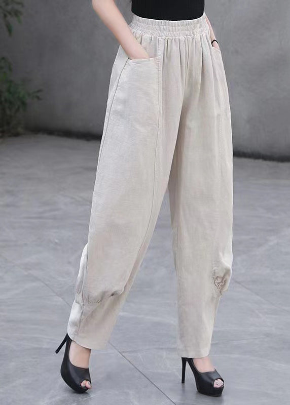 Beige Pockets Elastic Waist Linen Pants Summer