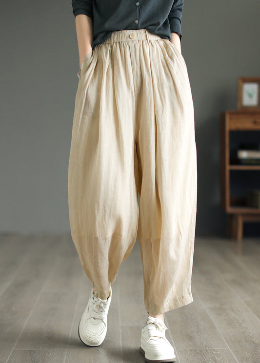 Beige Pockets Wrinkled Linen Pants Summer