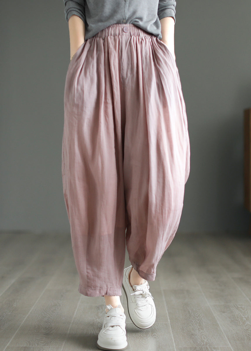 Beige Pockets Wrinkled Linen Pants Summer