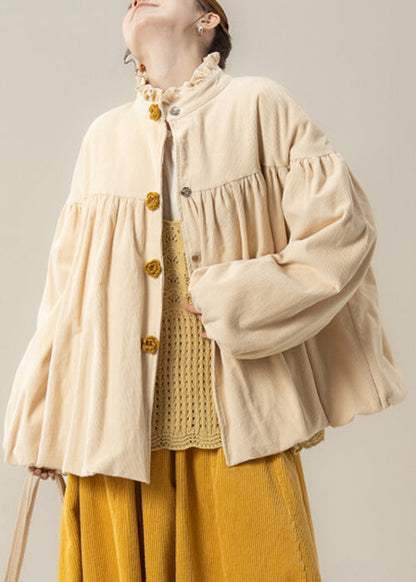 Beige Ruffled Corduroy Cotton Filled Parkas Winter