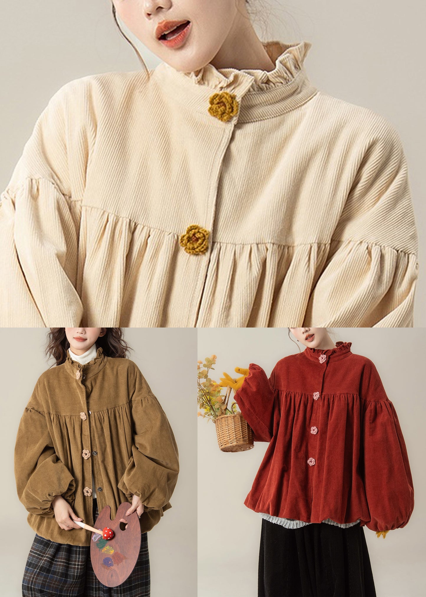 Beige Ruffled Corduroy Cotton Filled Parkas Winter