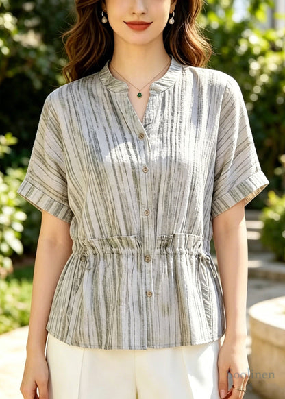 Beige Ruffled Striped Cotton Blouse Tops Summer