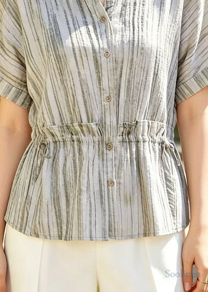 Beige Ruffled Striped Cotton Blouse Tops Summer