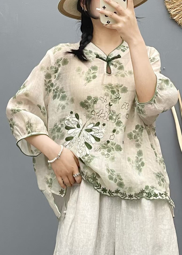 Beige Stand Collar Embroidered Linen Shirt Top Summer