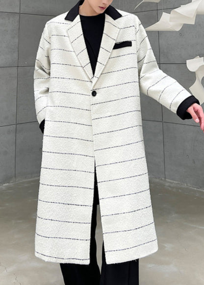 Beige Striped Button Pockets Woolen Coats Winter