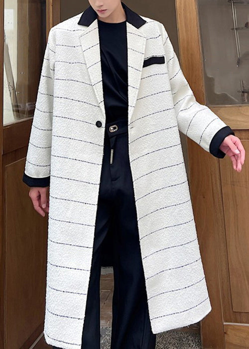Beige Striped Button Pockets Woolen Coats Winter