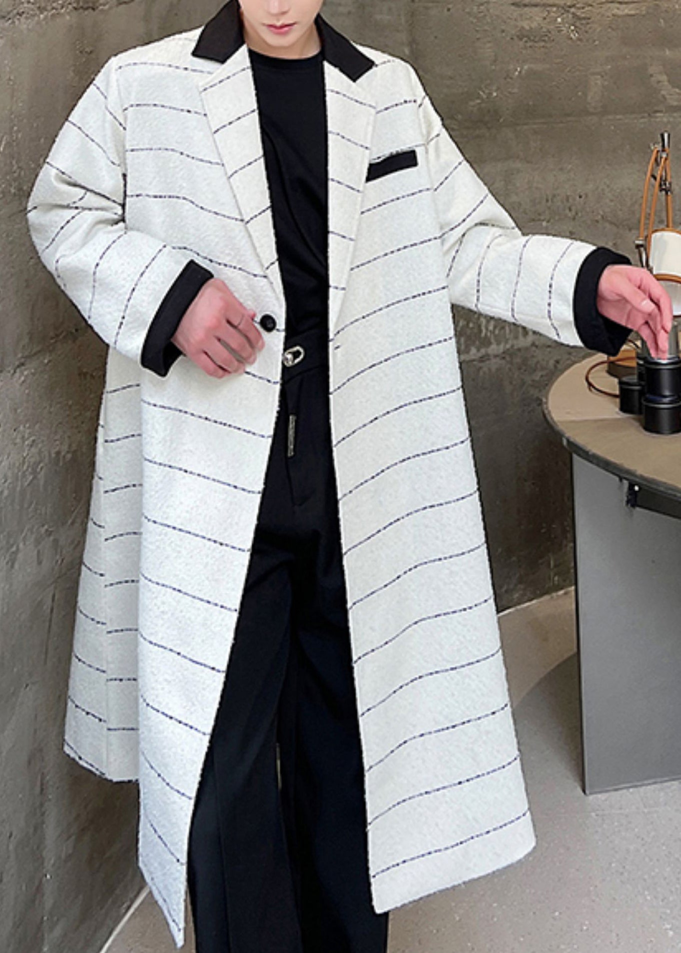 Beige Striped Button Pockets Woolen Coats Winter
