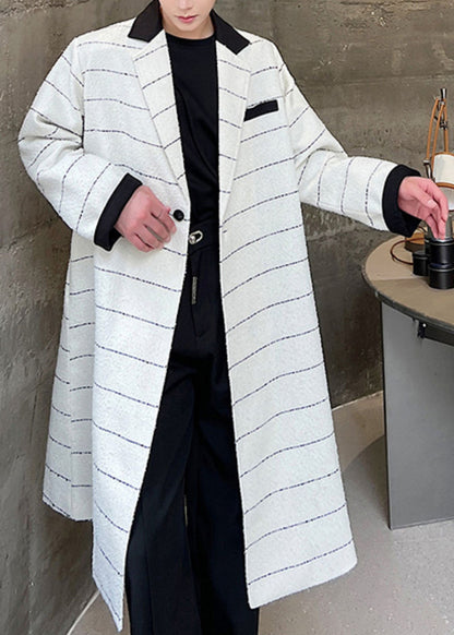 Beige Striped Button Pockets Woolen Coats Winter