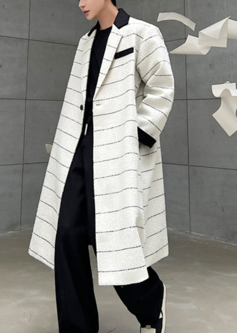 Beige Striped Button Pockets Woolen Coats Winter