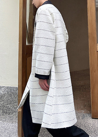 Beige Striped Button Pockets Woolen Coats Winter