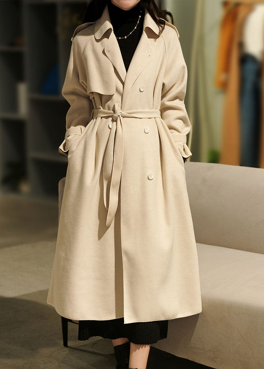 Beige Turn-down Collar Button Sashes Woolen Coat Winter