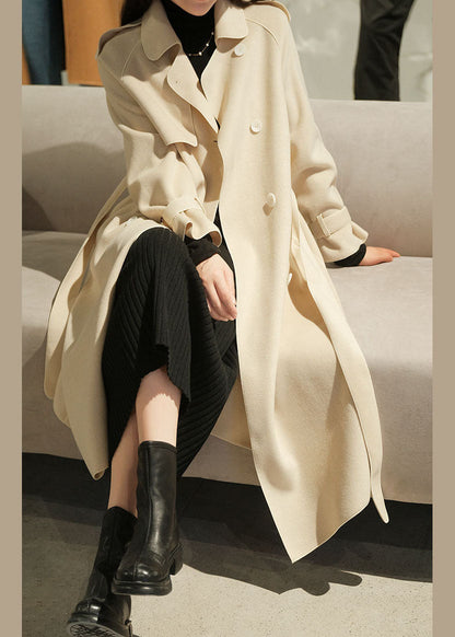 Beige Turn-down Collar Button Sashes Woolen Coat Winter