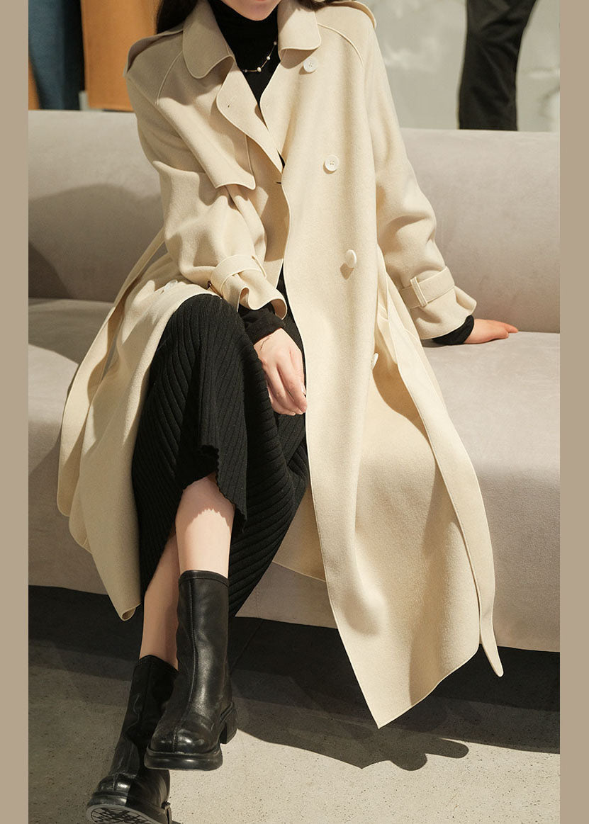 Beige Turn-down Collar Button Sashes Woolen Coat Winter