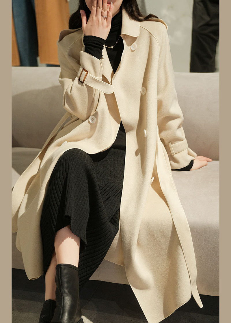 Beige Turn-down Collar Button Sashes Woolen Coat Winter
