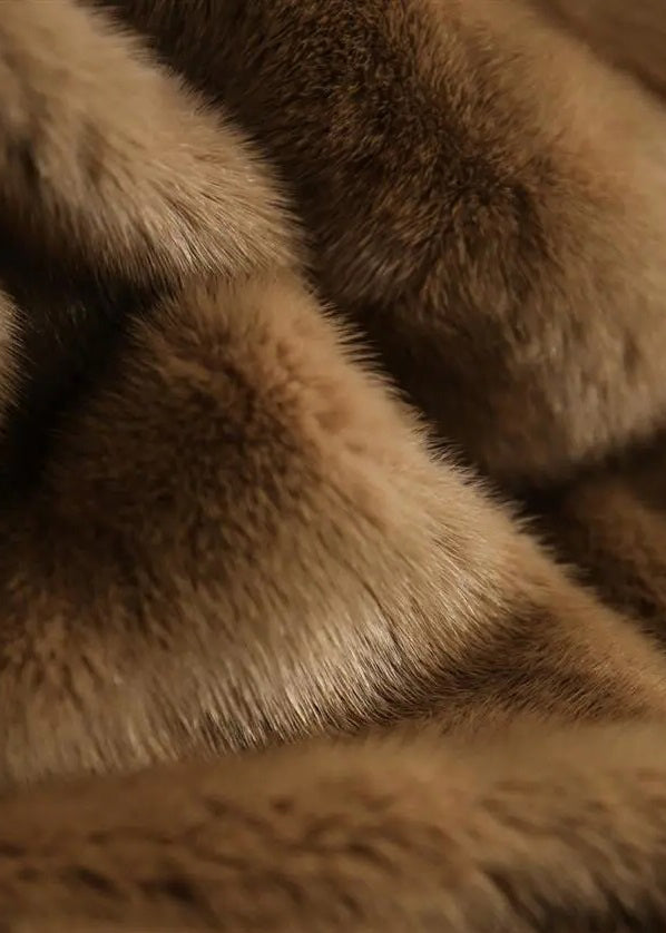 Beige V Neck Mink Hair Coats Long Sleeve