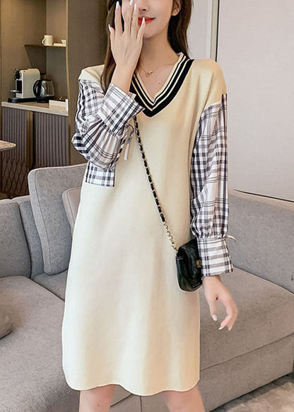 Beige V Neck Plaid Patchwork Knit Knit Dress Winter