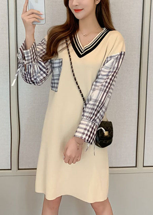 Beige V Neck Plaid Patchwork Knit Knit Dress Winter