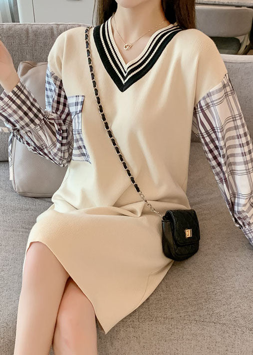 Beige V Neck Plaid Patchwork Knit Knit Dress Winter