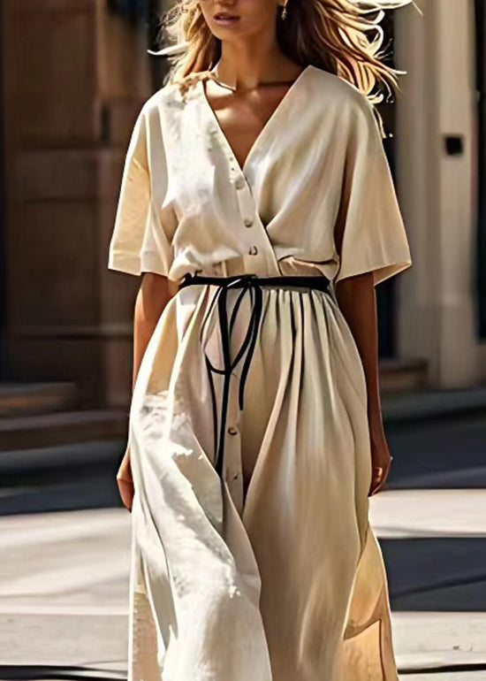 Beige V Neck Tie Waist Patchwork Cotton Dress Summer