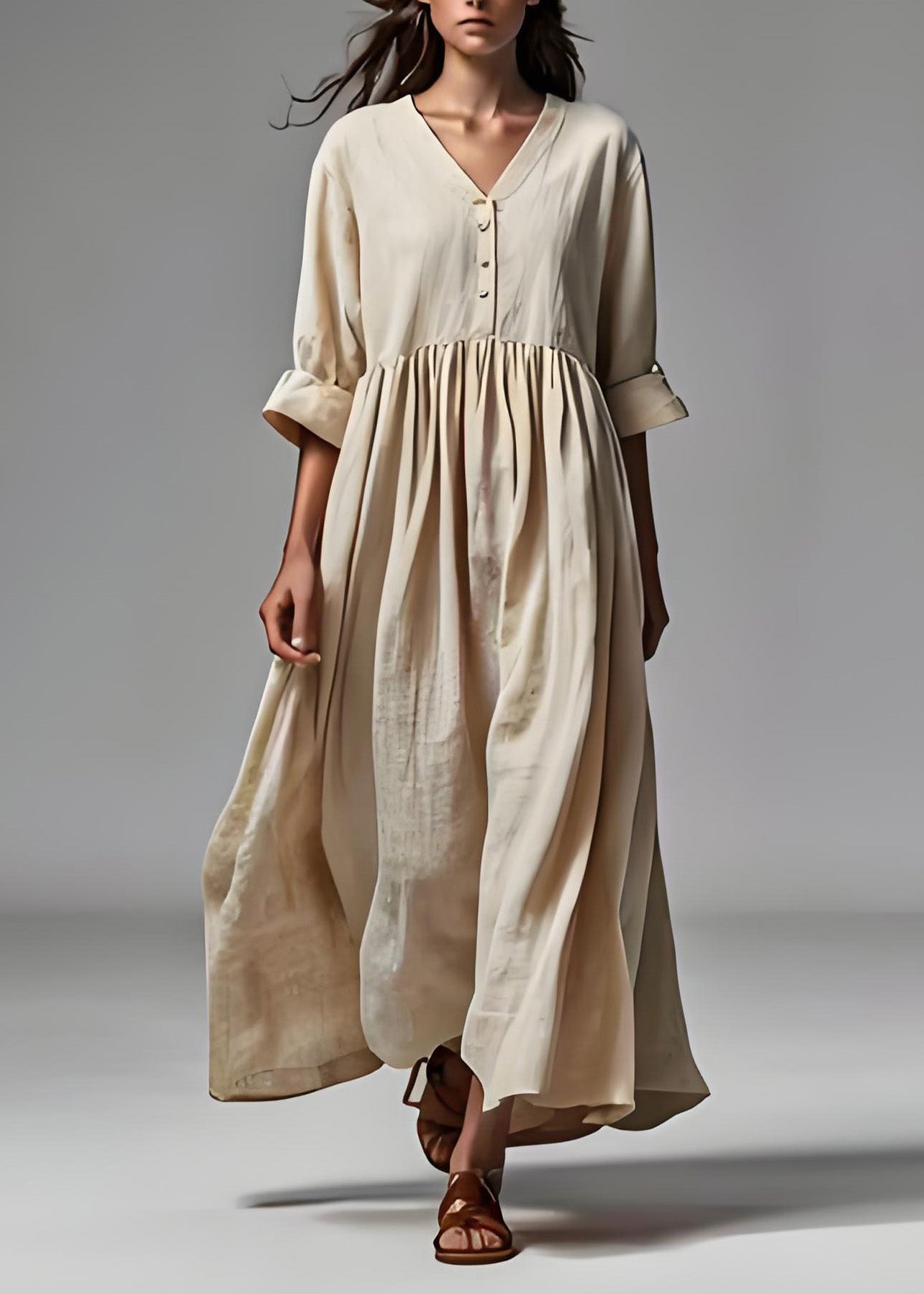 Beige V Neck Wrinkled Patchwork Cotton Dresses Summer