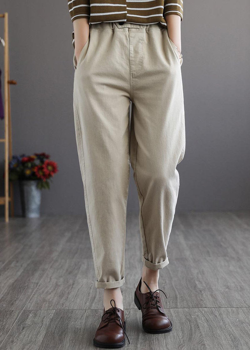 Beige Elastic Waist Pockets Cotton Pants Spring