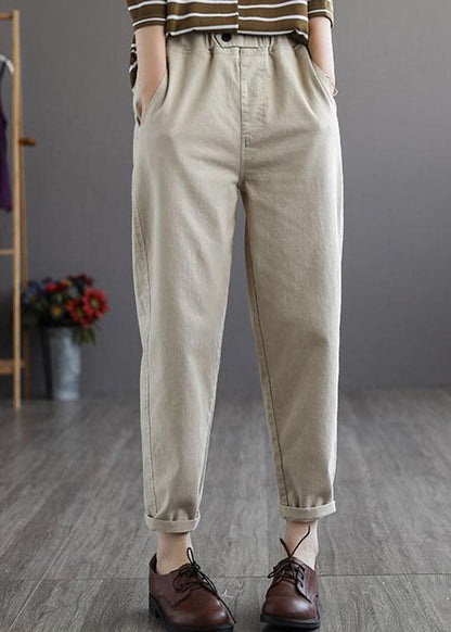 Beige Elastic Waist Pockets Cotton Pants Spring