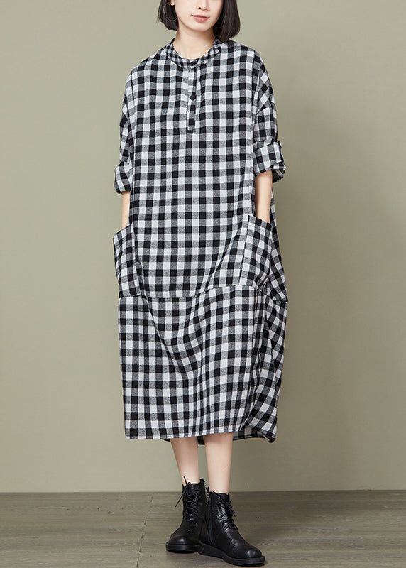 Big Plaid Pockets Patchwork Cotton Long Dresses Fall