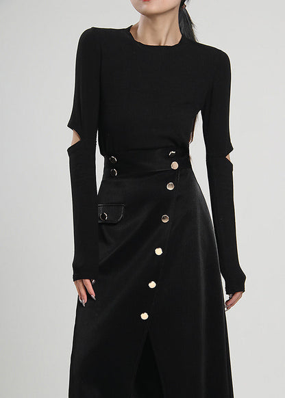 Black Asymmetrical Button Corduroy Skirt Spring