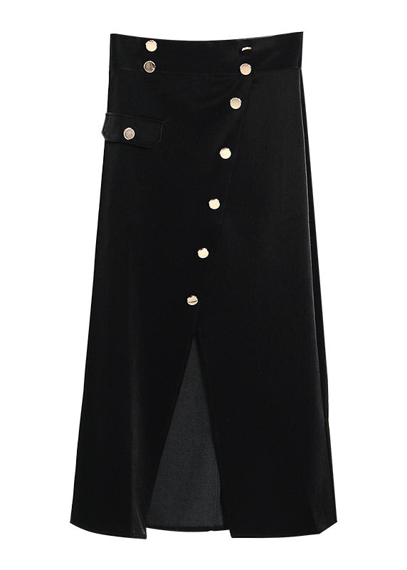 Black Asymmetrical Button Corduroy Skirt Spring