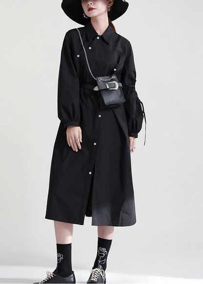Black Asymmetrical Cinched Cotton Dresses Fall