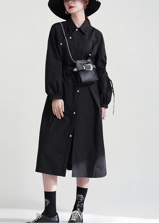Black Asymmetrical Cinched Cotton Dresses Fall